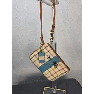 COACH Heritage Plaid Tattersall Stripe Horse & Carriage Wristlet Pouch Blue